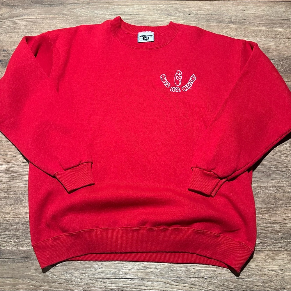 Vintage Lee Heavyweight “Hugs Are Healthy” Red Crewneck Sweatshirt XL Made USA